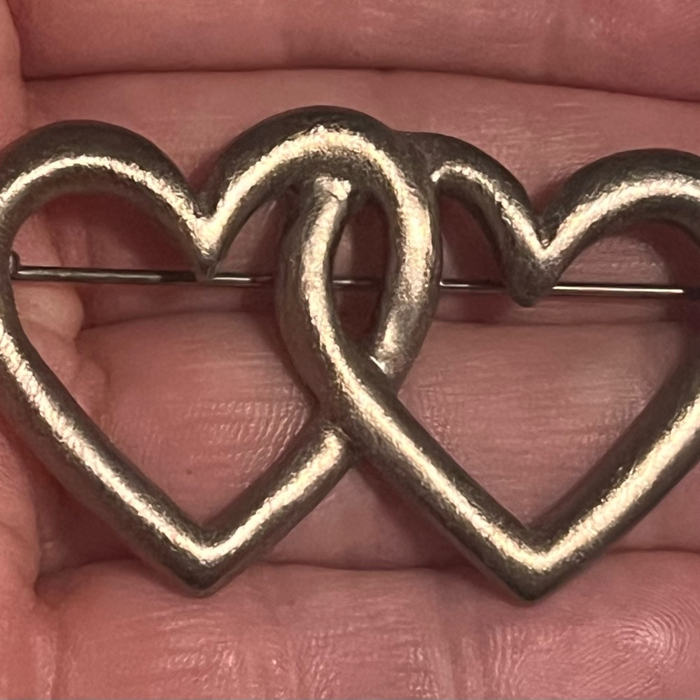 Vintage Silver Tone Interlocking Heart Brooch 2”